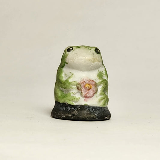 Porcelain Bisque Frog with Pink Flower Thimble