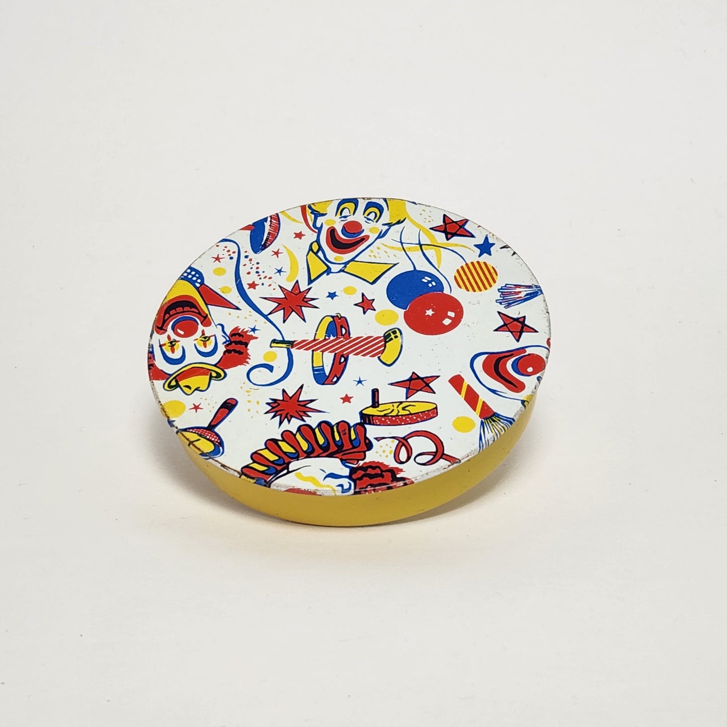 Tin Lithographed Round Clowns Noisemaker Toy with Wooden Handle