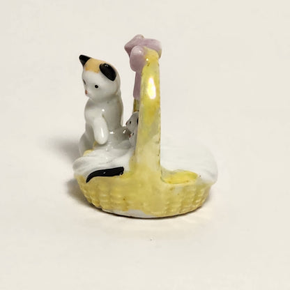 Mother Cat and Kittens in Basket Porcelain Figurine