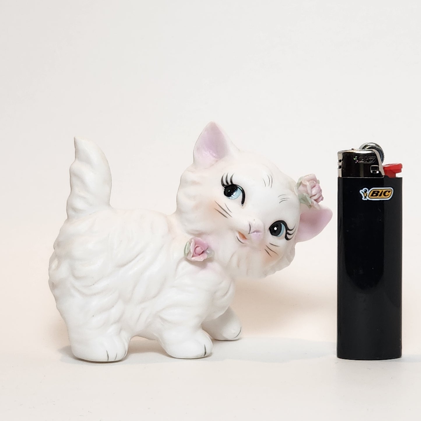 White Cat with Roses Porcelain Figurine