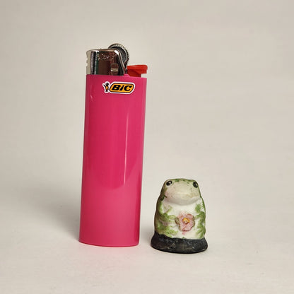 Porcelain Bisque Frog with Pink Flower Thimble