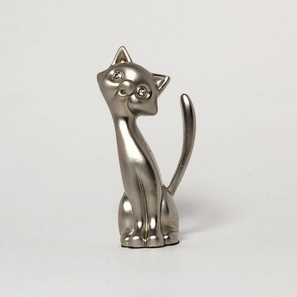 Pewter Cat with Rhinestone Eyes Ring Holder Figurine