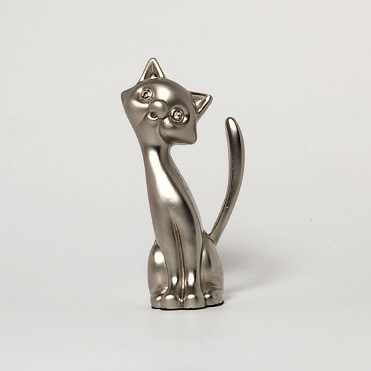 Pewter Cat with Rhinestone Eyes Ring Holder Figurine