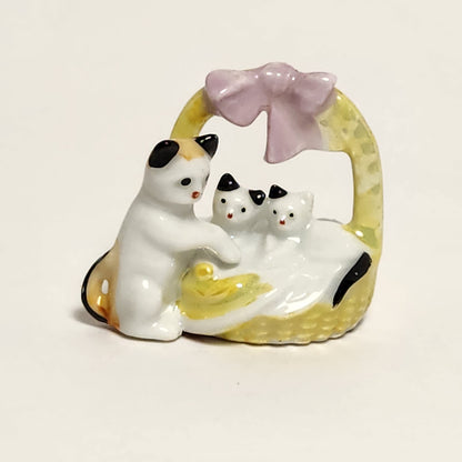 Mother Cat and Kittens in Basket Porcelain Figurine
